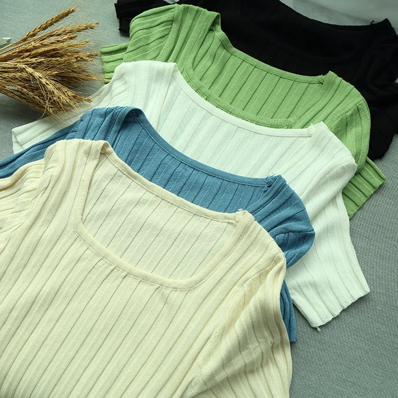 

T-Shirts Women Tee-Tops Short-Sleeve Rib Vertical Casual Summer Cute Brand New