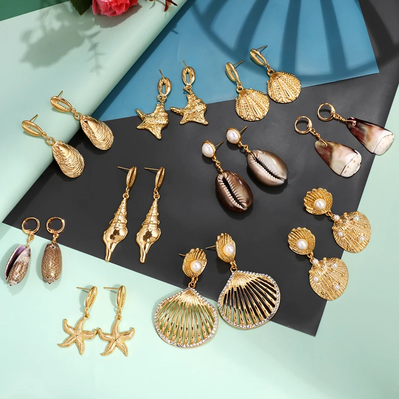 Женские серьги подвески в виде морских ракушек золотого цвета|Серьги-подвески| |