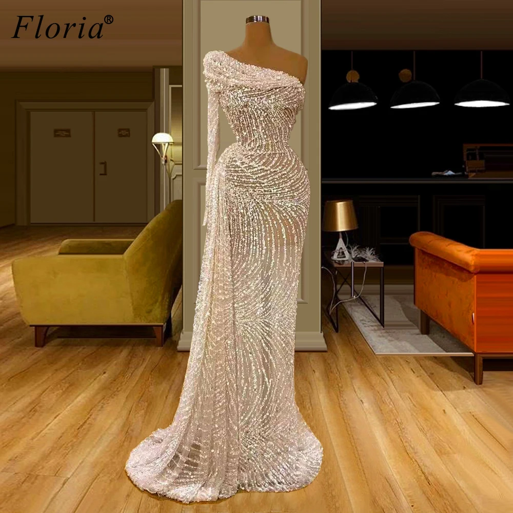 

Muslim One Shoulder Sparkly Evening Dresses Long Dubai Glitter Robe De Soiree Arabic Prom Dress 2020 Women Party Gowns Vestidos