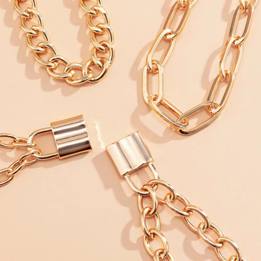 

4Pcs/Set Vintage Lock Padlock Pendant Bracelets Bangles Charm Chunky Thick Curb Miami Cuban Bracelet for Women Men Wrist Jewelry