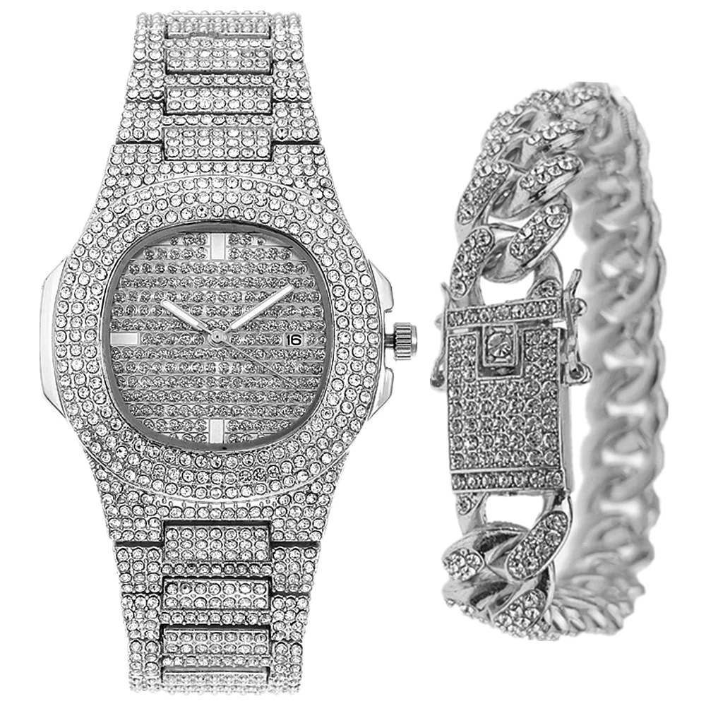 

Fashion Men Charm Bangle Bracelet Watch for Men Luxury Iced Out Watch Cuban Chain Big Jewelry Mens Bracelet Set