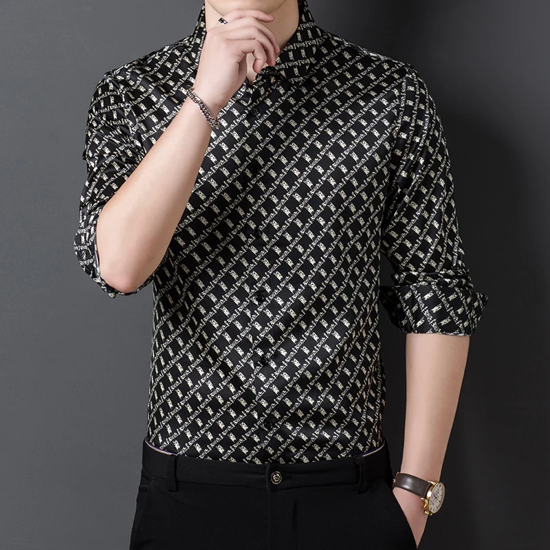 

Top Quality Luxury 100% Real Silk Shirts For Mens Smooth Elegant Wedding Shirts With Printed Cozy Comfortable Satin Work Clothes