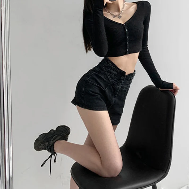 

Fashion Super High Waist Denim Shorts Women Summer Korean Blue A-Line Breasted Wide Leg Short Female Sexy Hot Pants Tide