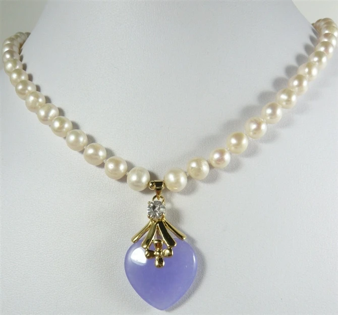 

fashion jewelry Beautiful Freshwater pearl and purple heart shape jades pendant Necklace free shipping