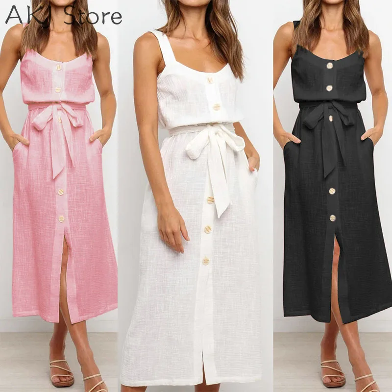 

Women Casual Loose Single-Breasted Design Hem Slit Straight Dress with Sashes