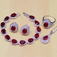 water drop red ruby white topaz 925 sterling silver jewelry sets women stud earringspendantnecklaceringbracelet gift