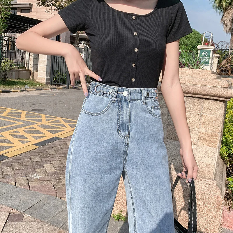 

2021 Women's High Movable Button Waist Fashion Jeans for Girls Classic Baggy Jeans Straight Mom Boyfriend Cropped Pants