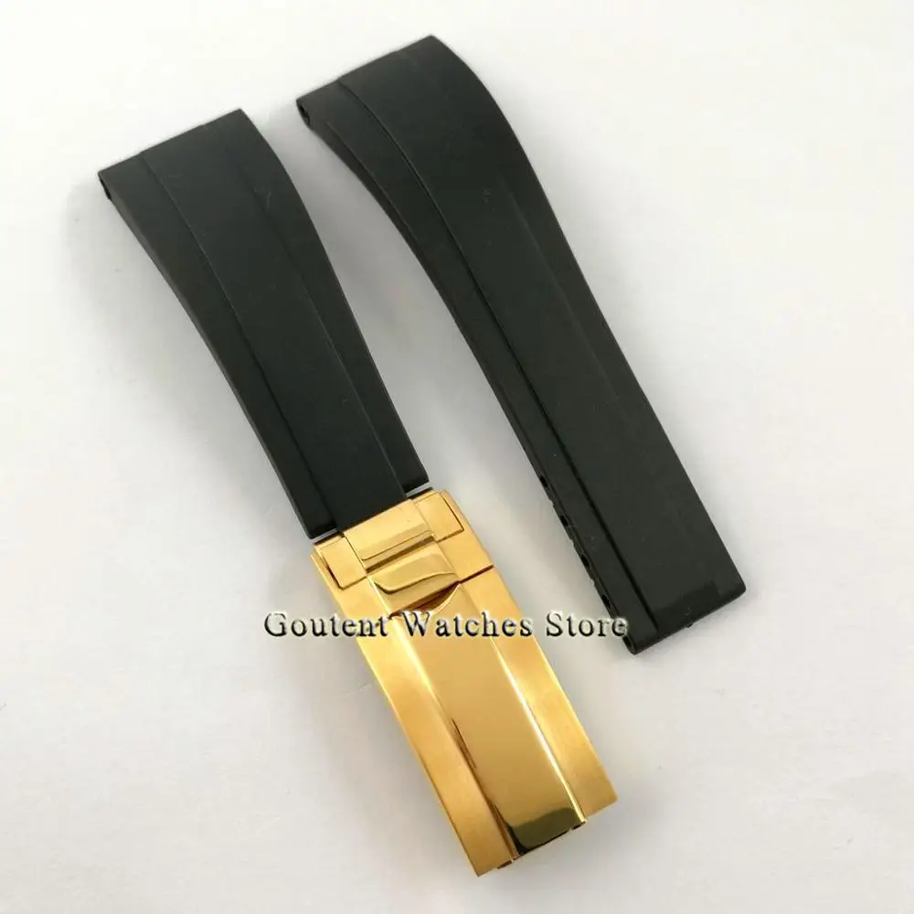 

Новый черный резиновый ремешок для часов 20 мм со стальной позолоченной пряжкой