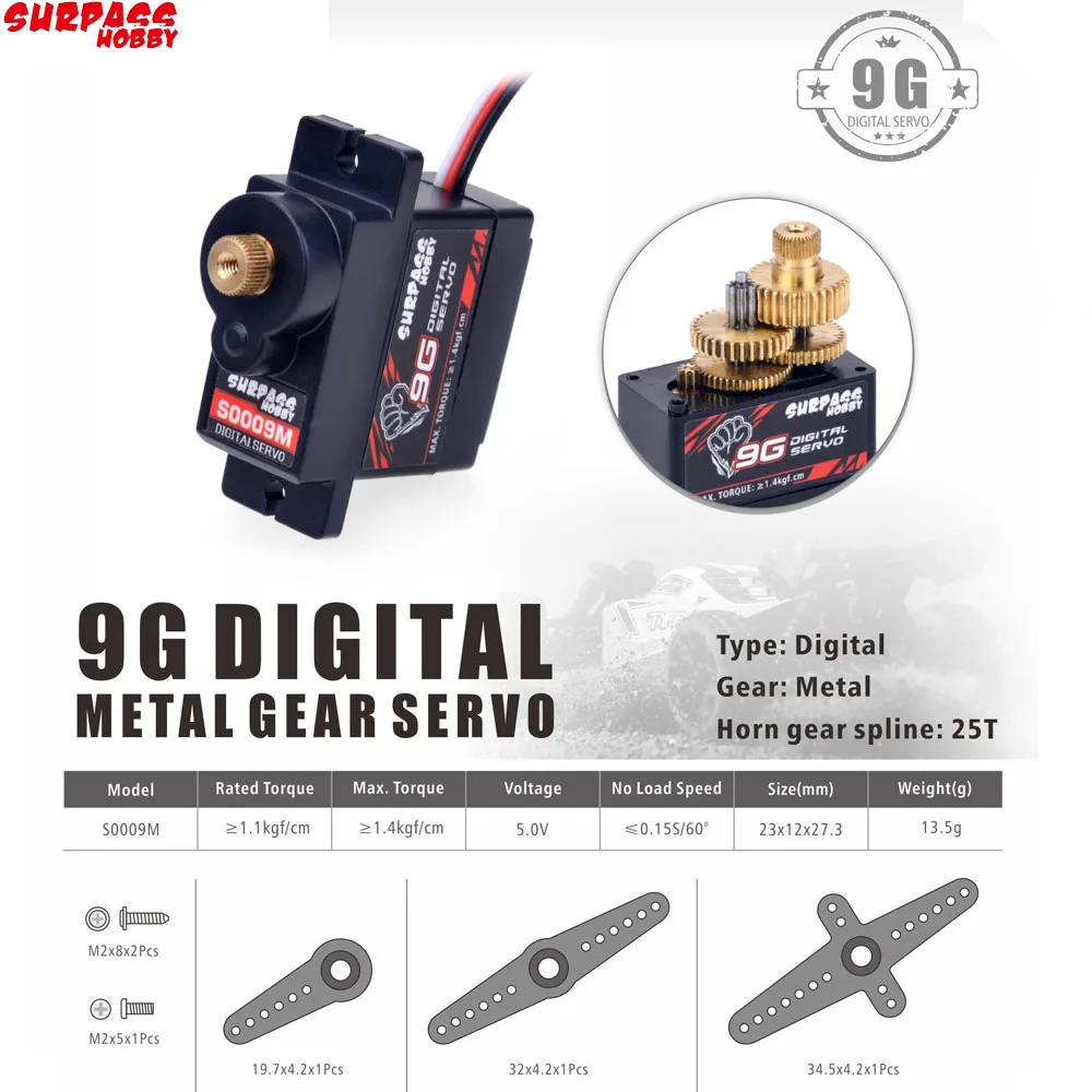 Сервопривод цифровой SURPASS HOBBY S0009M 9 г с металлической шестерней 1 кг для