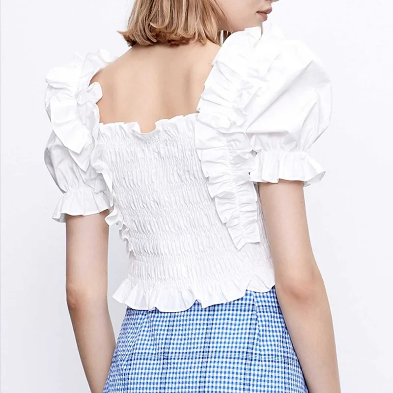 

2021 Summer New Temperament Office Lady Blouses Woman Sweet Fresh Puff Sleeve Square Collar Shirts Fashion All-match Women Tops