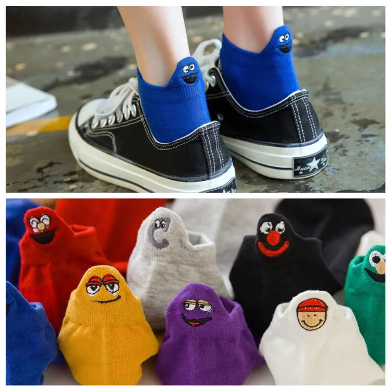

Women Lovely Cotton Shallow Mouth Short Heel Boat Socks Kawaii Novel Funny Smile Embroidery Cartoon Personality Sweat-absorbing