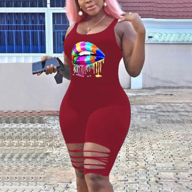 

Plus Size Vogue Lips Printed Sleeveless Rompers New Ladies Summer Fashion Slim Fit Soft One Piece Short Jumpsuit Overalls Sale
