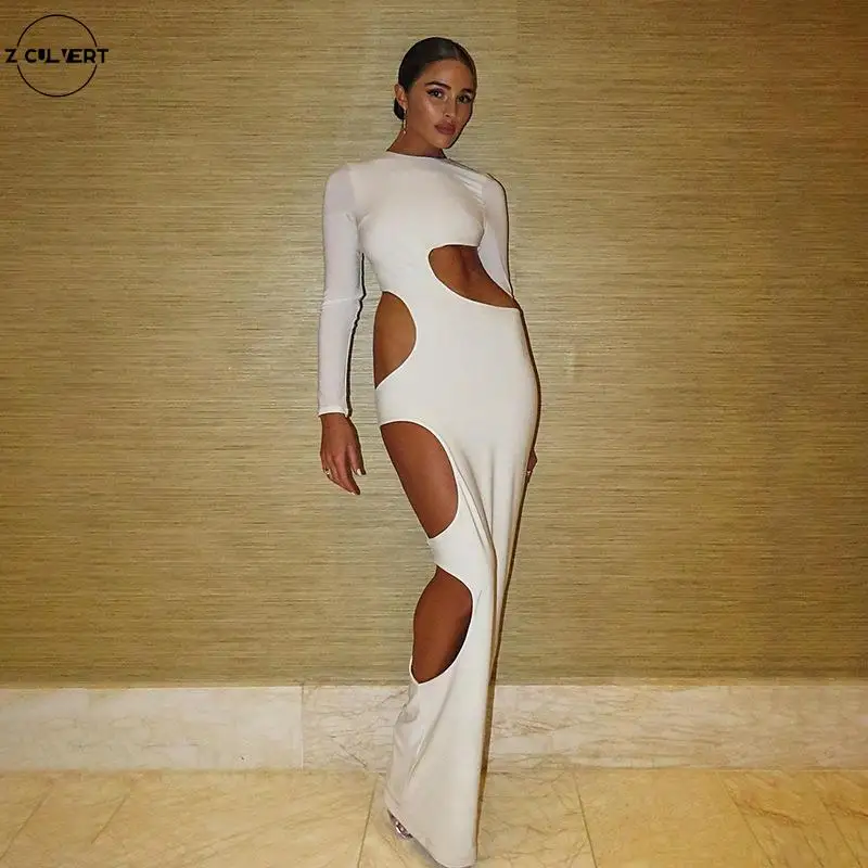 

Autumn 2021 women's new long skirt fashion sexy hollow solid color slim slim dress O Neck Long Sleeve baggy maxi dress Backless