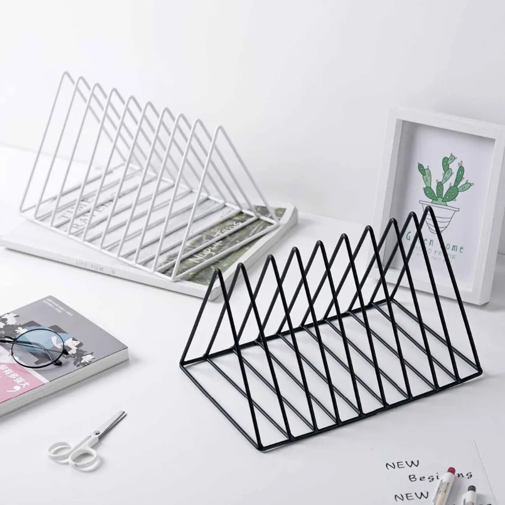 

Desktop wrought iron triangle book stand bookshelf student book clip storage rack display stand office home decoration