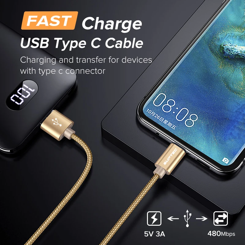 SUPTEC usb type-C кабель 3A Быстрая зарядка кабель для передачи данных Быстрая зарядка 3,0 type-C кабель для зарядки телефона для samsung S9 S8 huawei Xiaomi