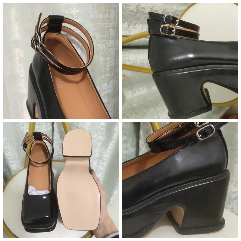 

ORCHA LISA 2021 Retro Thick Sole Pumps Square Toe Slip On Platforms Ankle Buckle Strap 6.6cm Chunky Cover Heel US8 Black A4362