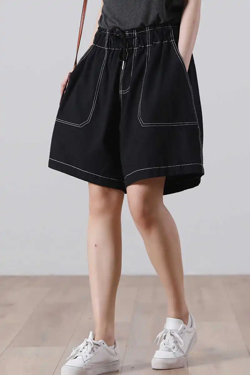 

[EWQ] 2021 summer autumn new pattern cotton linen high waist pocket wide leg shorts female hots tide WS60001