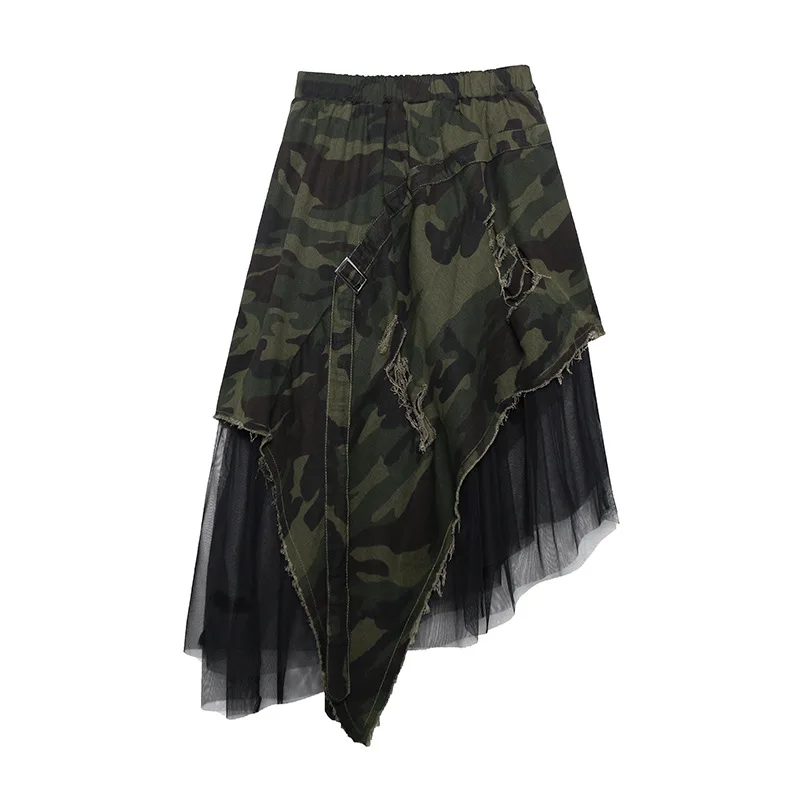 

2021 Spring Summer New Camouflage Skirt In The Long Section Of Elastic Waist A-line Long Irregular Mesh Skirt Large Size