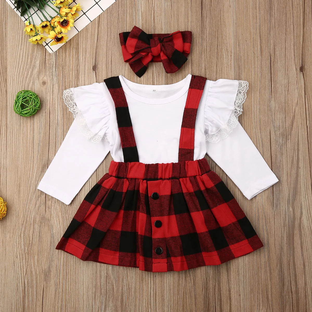 

Fashion Baby Girsl 3Pcs Plaid Costume Kid Baby Girl Long Sleeve Lace Ruffles Tops Plaid Suapender Skirts Bowknot Headband Outfit