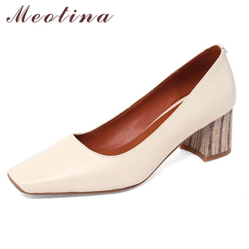 

Meotina Shoes Women Genuine Leather High Heel Pumps Square Toe Thick Heels Shallow Footwear Female Autumn Beige Large Size 40