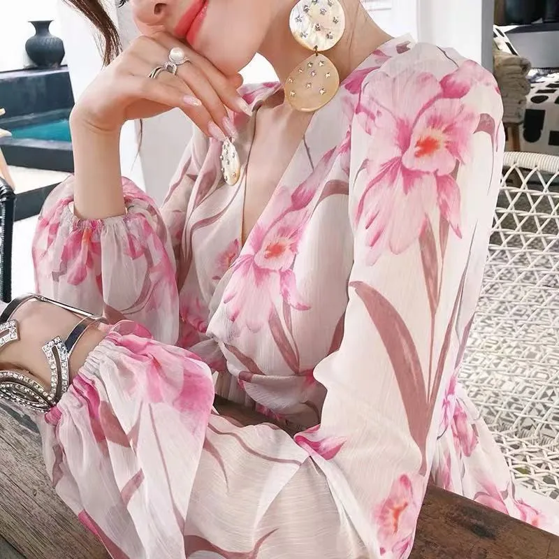 

4X55 Spring Summer Polka Dot Print Dress Women 2021 New Casual Lace Up V Neck Full Sleeve Slim Short Dress