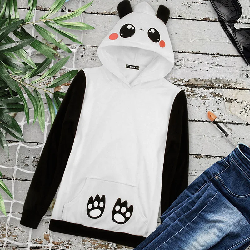 

Women Hoodie SweatshirtNew Women 's Cute Panda Print Contrast Long Sleeve Hooded Sweatshirt Winter Jacket Hooded Sweatshirt