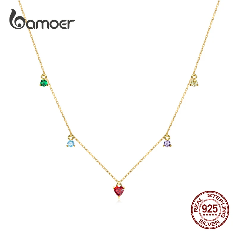 

BAMOER 2021 Fashion Necklace 925 Sterling Silver Gold & Colorful Chain Chocker Red Heart Crystal for Women Pendant Jewelry Gift