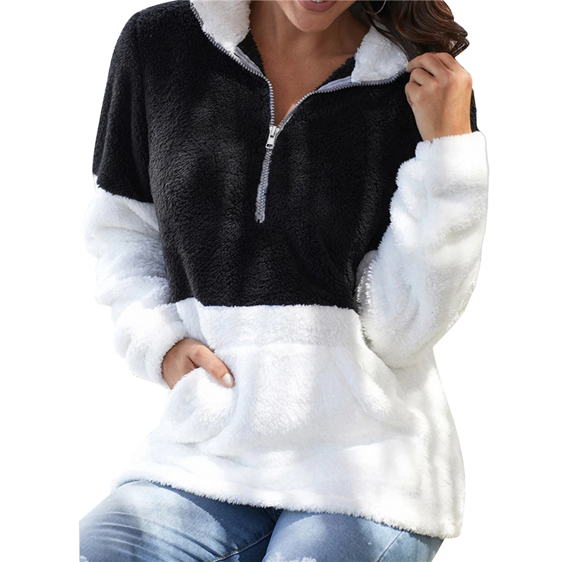 

Streetwear Fashion Plush Pullover Coat Sweater Women Long Sleeve Zipper v-neck Casual Tops Autumn Winter Warm Sweater Coat