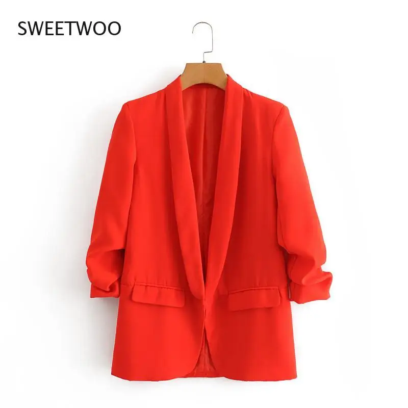 

Women 2021 Fashion Office Wear Basic Blazers Coat Vintage Pleated Long Sleeve Pockets Female Outerwear Chic Tops