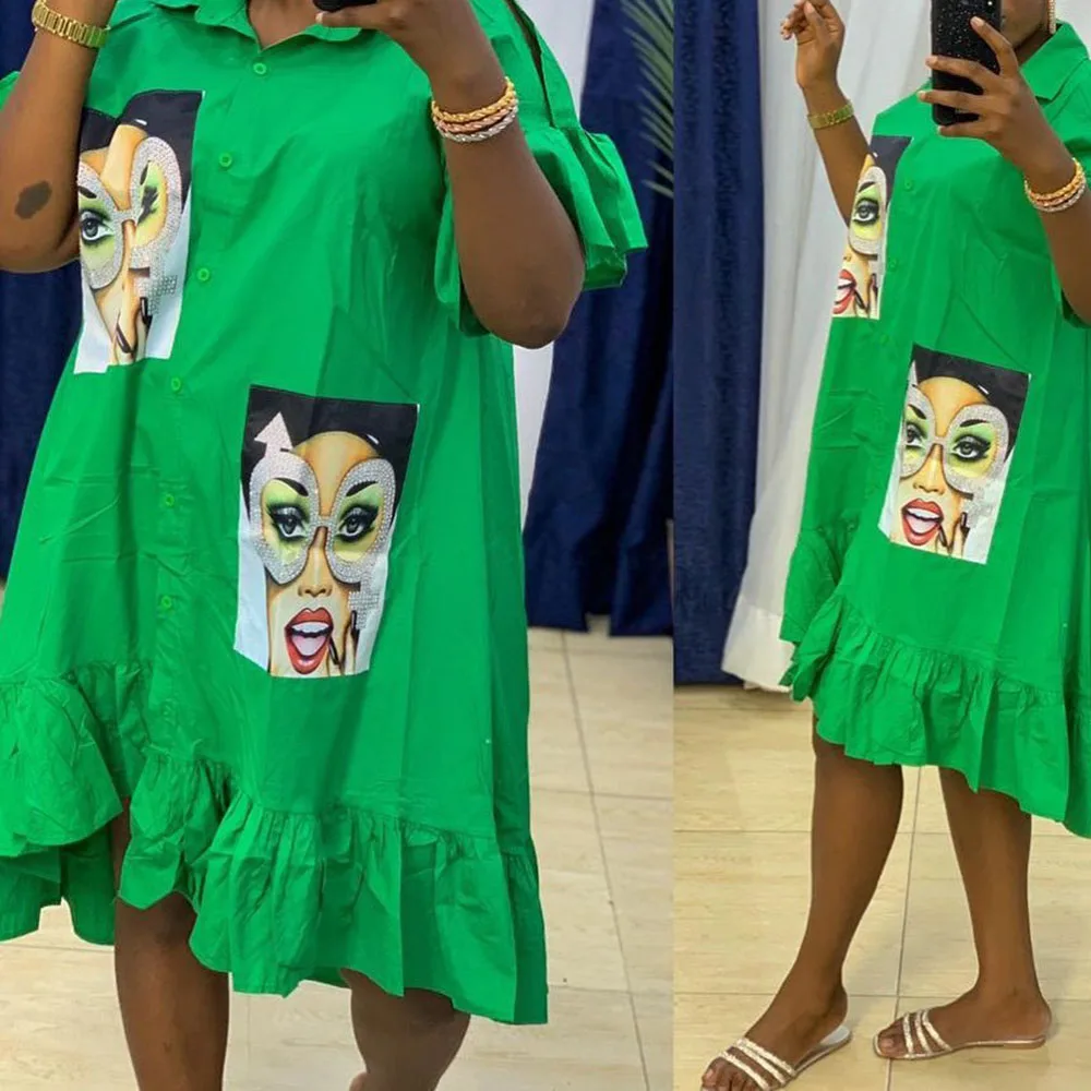 

2021 Western Style Africa Women's Dress Trend Printing Ruffle Ruffle Loose Shirt Dress Fashion Single-breasted Solid Color