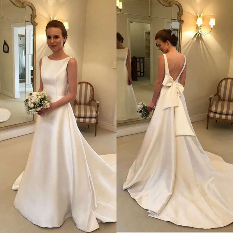 Elegant A-line Satin Wedding Dresses Backless Sleeveless White Bridal Dress Simple Open Back avestido de casamento Sweep Train