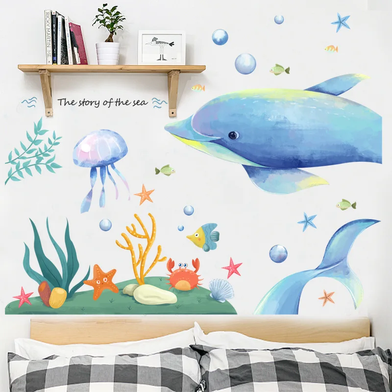 Милые Мультяшные синие наклейки на стене дельфина для детской комнаты Океанский