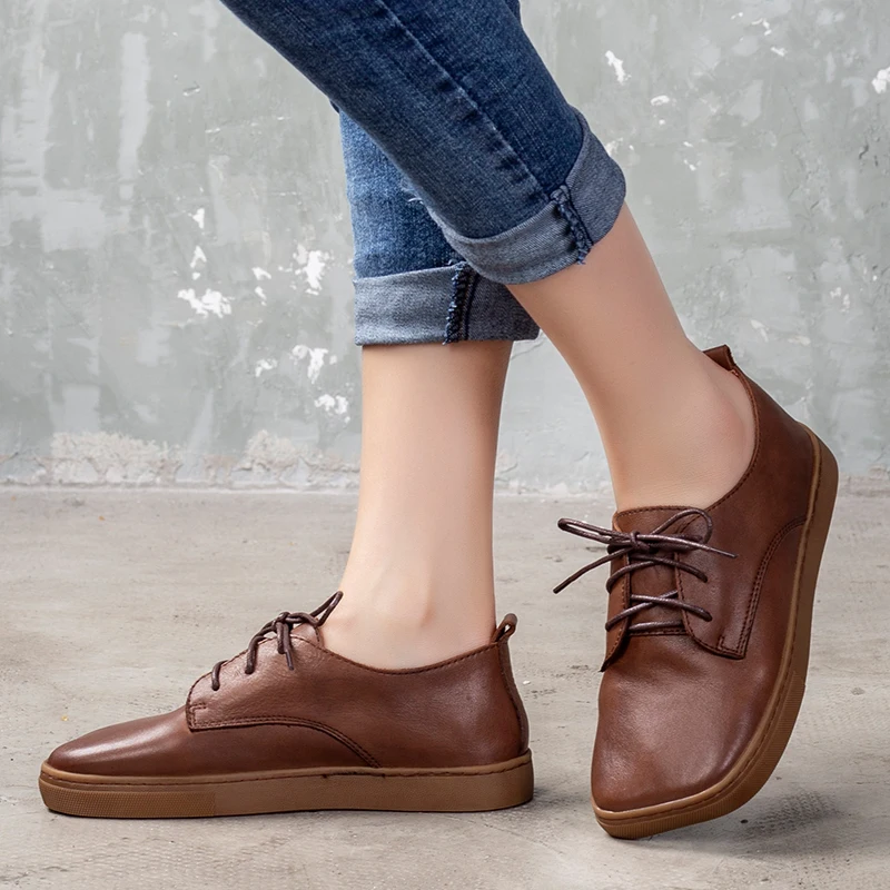 

VALLU Leather women's shoes 2020 four seasons shoes leather flat shoes square toe lace-up low-top shoes