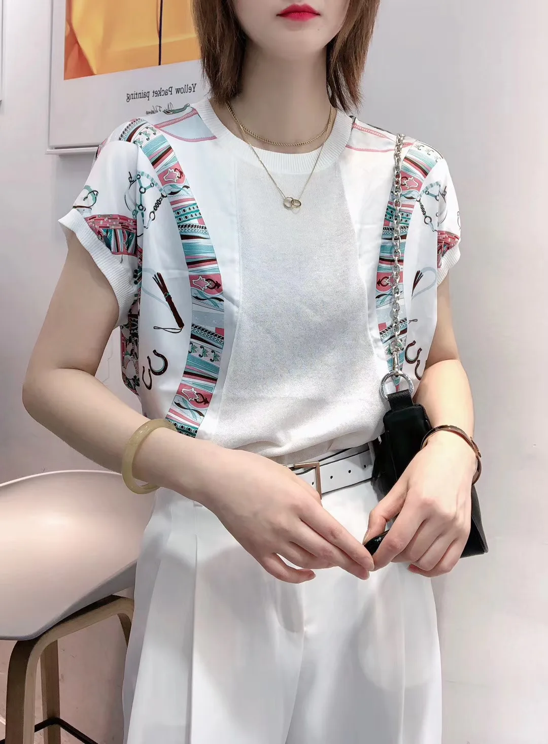 

Vintage Women Knitted T-shirts Lady Short Sleeve Knitted Tees Loose Casual Femme Print Pullovers Tops Women