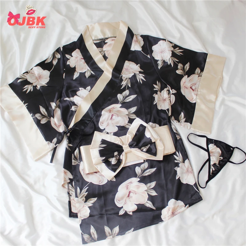 

Japanese Kimono Sexy Cosplay Outfit For Women Traditional Style Robe Yukata Costumes Pajamas Soft Silk Belt 3pcs Set Black Red