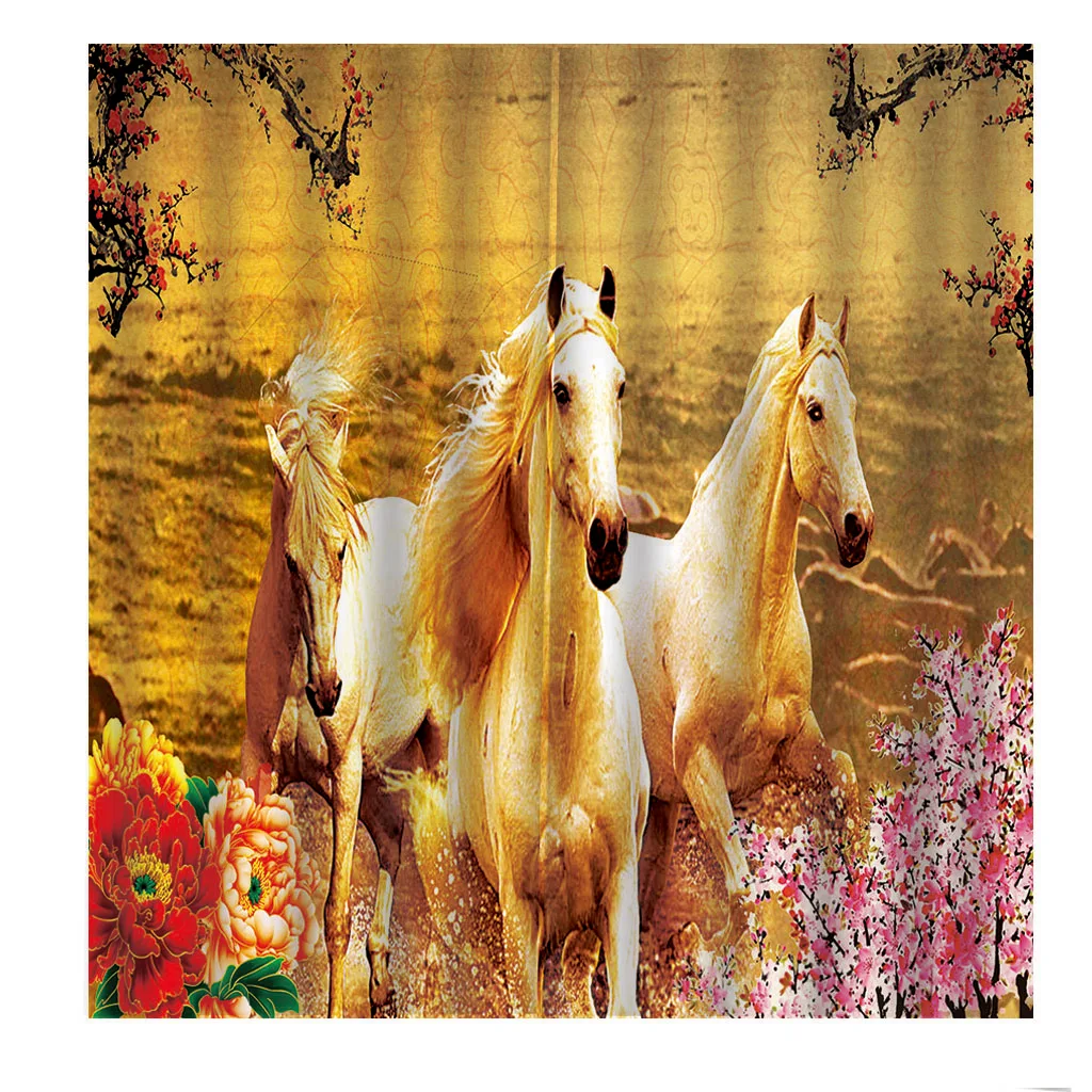 

Animal Horse Golden 3D Curtain Luxury Blackout For Living Room Bedroom Flowers Window Curtains Home Indoor Decor