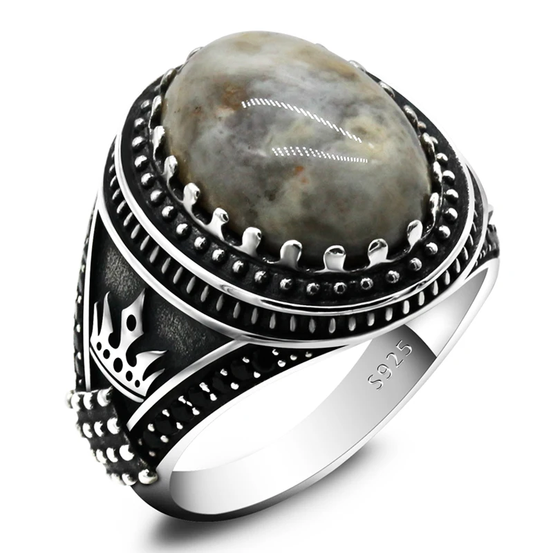 

925 Sterling Silver Men's Ring With Natural Crazy Agate Stone Retro Punk Thai Silver Aqeeq Ring Male Turkish Female Jewelry