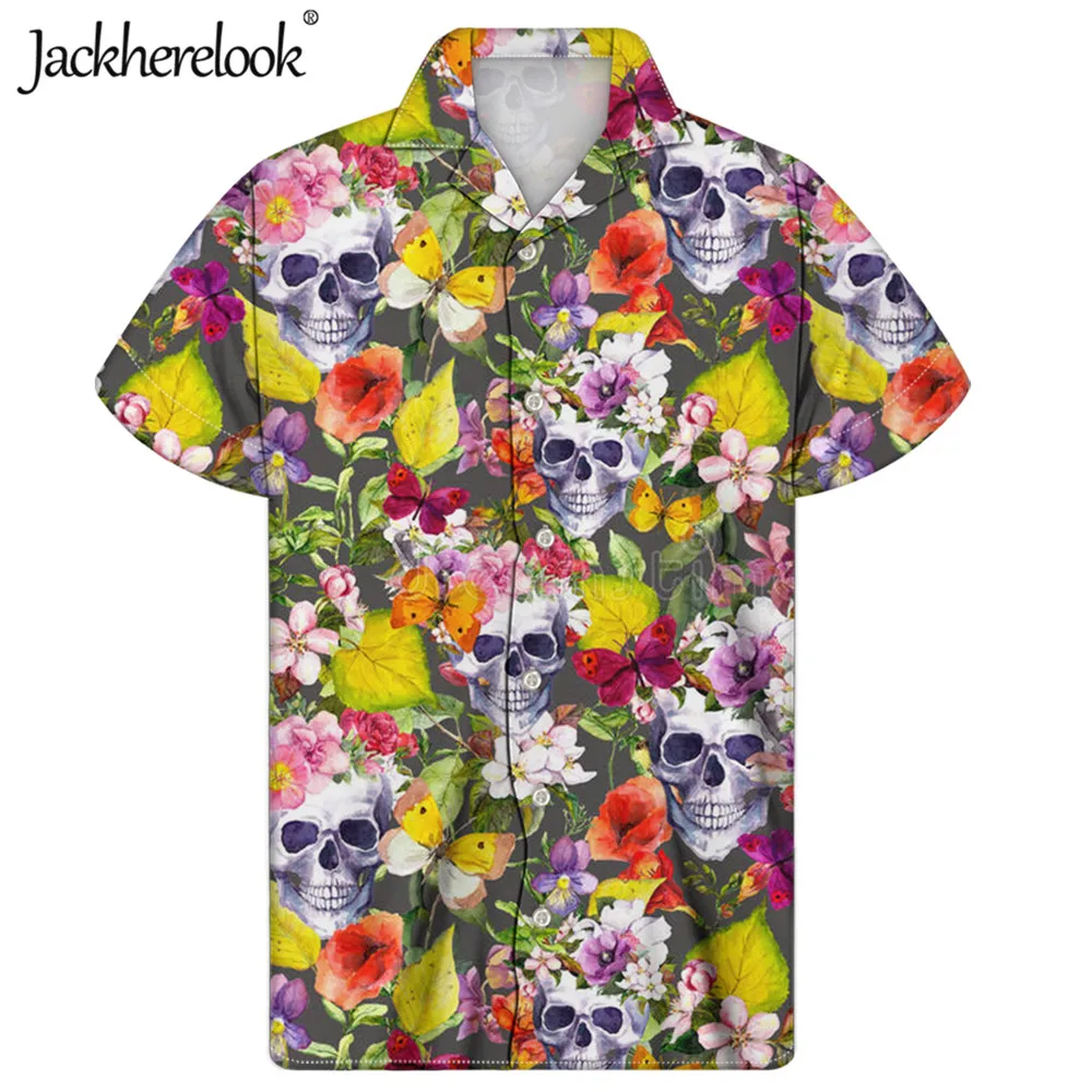 

Jackherelook New Tropical Floral Skull Hawaiian Shirts for Men's Clothing Summer Day Of The Dead Skull Designer Beach Top Shirt