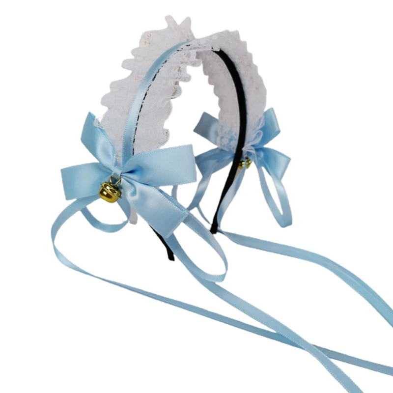 

Lolita Ruffled Lace Headband Long Ribbon Bow Bells Steampunk Cosplay Hair Hoop 7XEC