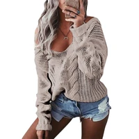 women autumn long sleeve chunky cable knit sweater sexy deep v neck off shoulder pullover tops solid color casual loose jumper s