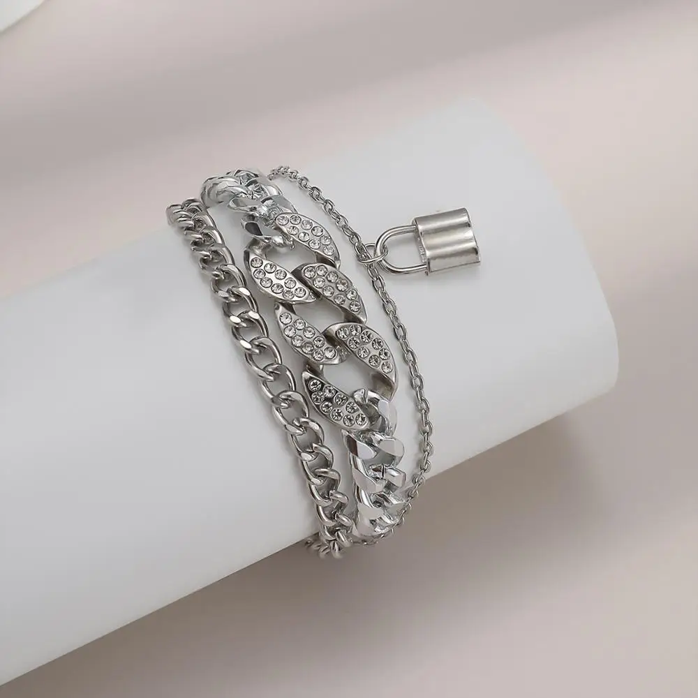 

SHIXIN Hip Hop Ice Out Chain Crystal Bracelets for Women Rhinestone Layered Lock Pendant Chunky Bracelet Fashion 2020 Hand Chain