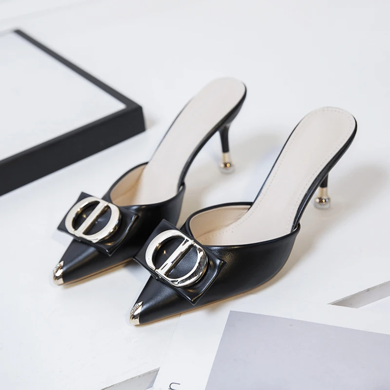 

2021 New Sexy Metal Buckle Slippers Woman Transparent High Heel Pumps Stiletto Pointy Toe Mule Slides Ladies Evening Sandalias
