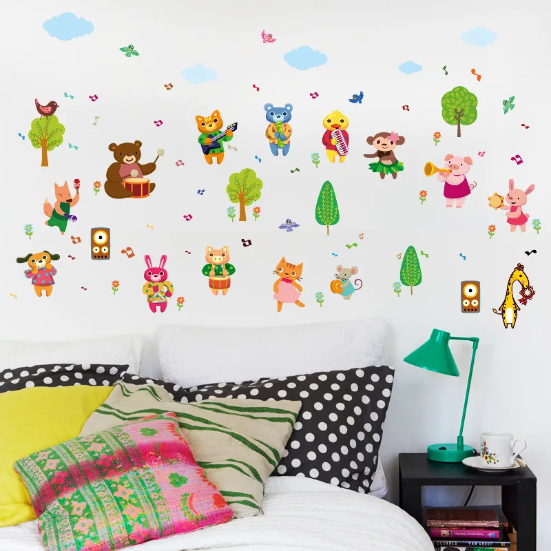 

Cartoon Animals Play Music Forest Concert Wall Sticker For Kids Room Home Decorations Diy Bedroom Wall Mural Art Pvc Decal