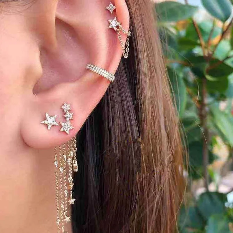 

New Bohemia Stars Gold Color 4PCS/SET Mixed Crystal Ear Post Cuff Clip On Earrings Fake Cartilage Earring Clip Earring for Women