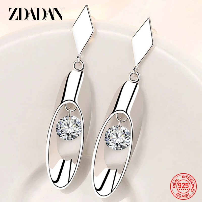 

ZDADAN 925 Sterling Silver Zircon Long Drop Earrings For Women Charm Wedding Jewelry Gift