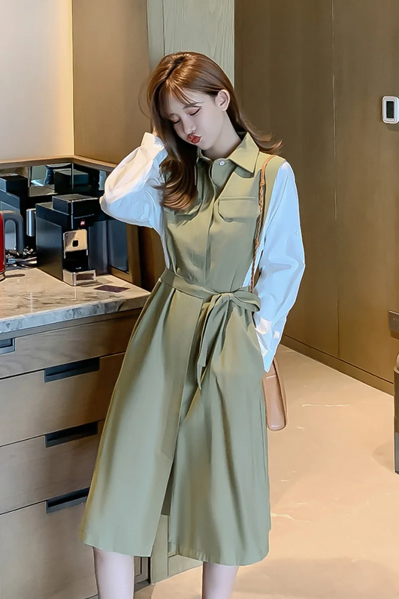 Осень 2019 г. новая модная рубашка с длинными рукавами и отстрочкой на талии dress-0wp78