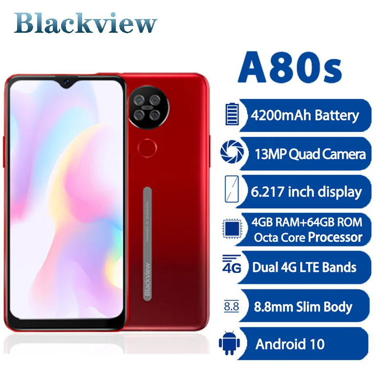 

Blackview A80s Helio A25 4GB RAM 64GB Android 10 Smartphone ROM 13MP Quad Camera 4200mAh 6.2“ Waterdrop Screen 4G Moibile Phone