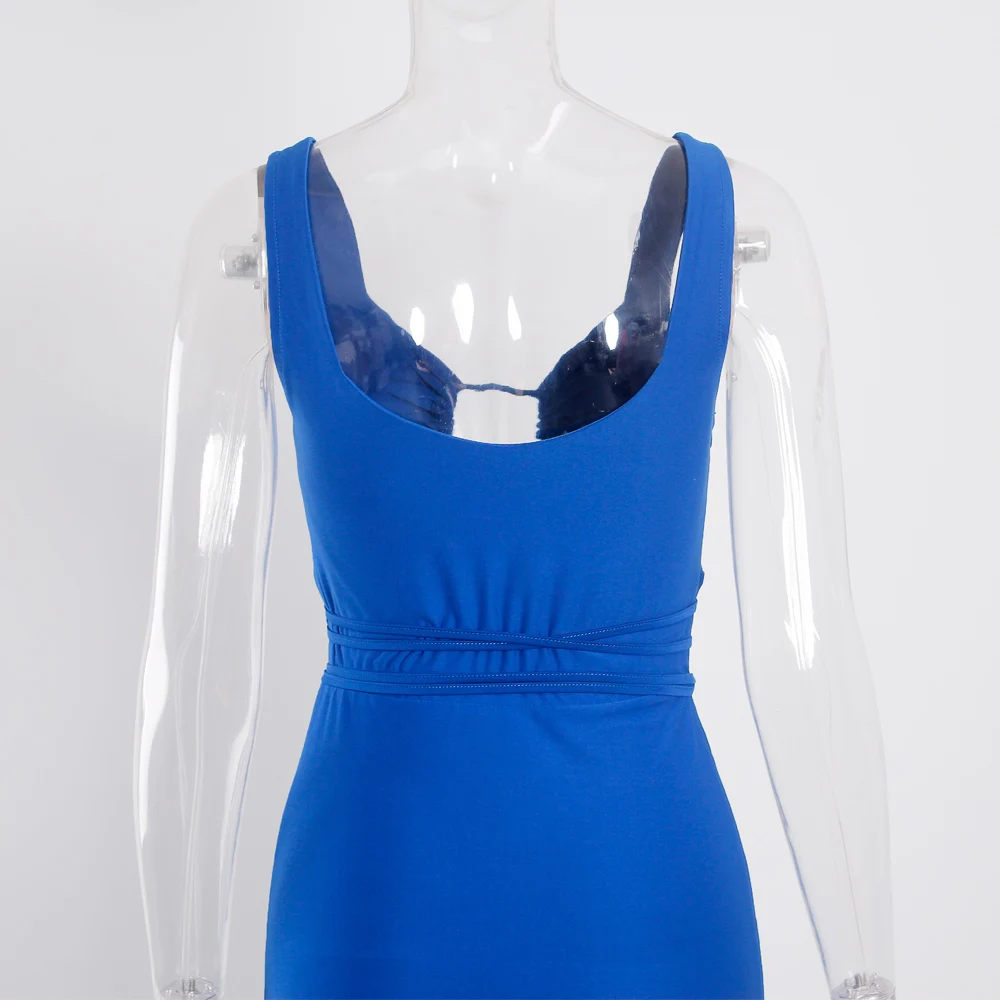 

Sexy Blue Sleeveless Long Summer Dress Double Splits Lace Up Hollow Out Backless Stratch