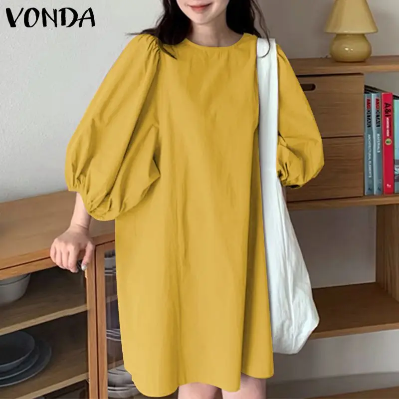 

VONDA Women Long Shirt Dress 2022 Autumn O Neck Lantern Sleeve Party Dresses Oversized Baggy Casual Knee-Length Vestidos Robe