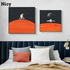 Настенная картина, космонавт, научная фантастика, Мультяшные плакаты, оранжевая картина для детской комнаты
